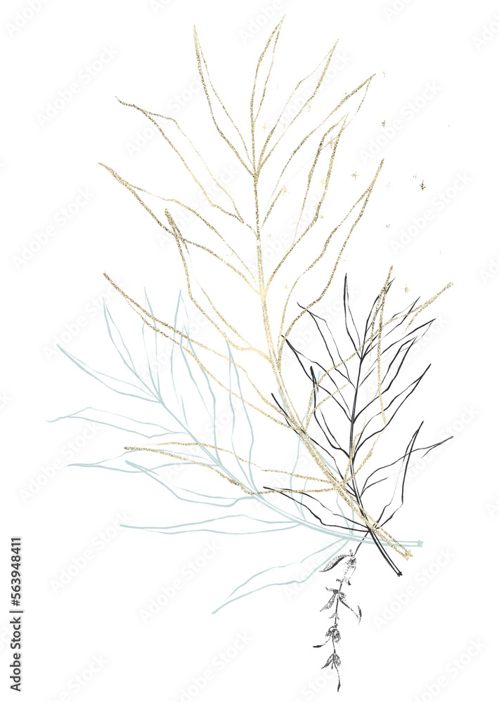 Arrangement with blue, black, golden palm branch in sketch line style. Floral composition. Cut out hand drawn PNG illustration on transparent background. Watercolour isolated clipart drawing. Arrangement with blue, black, golden palm branch in sketch line style. Floral composition. Cut out hand drawn PNG illustration on transparent background. Watercolour isolated clipart drawing.