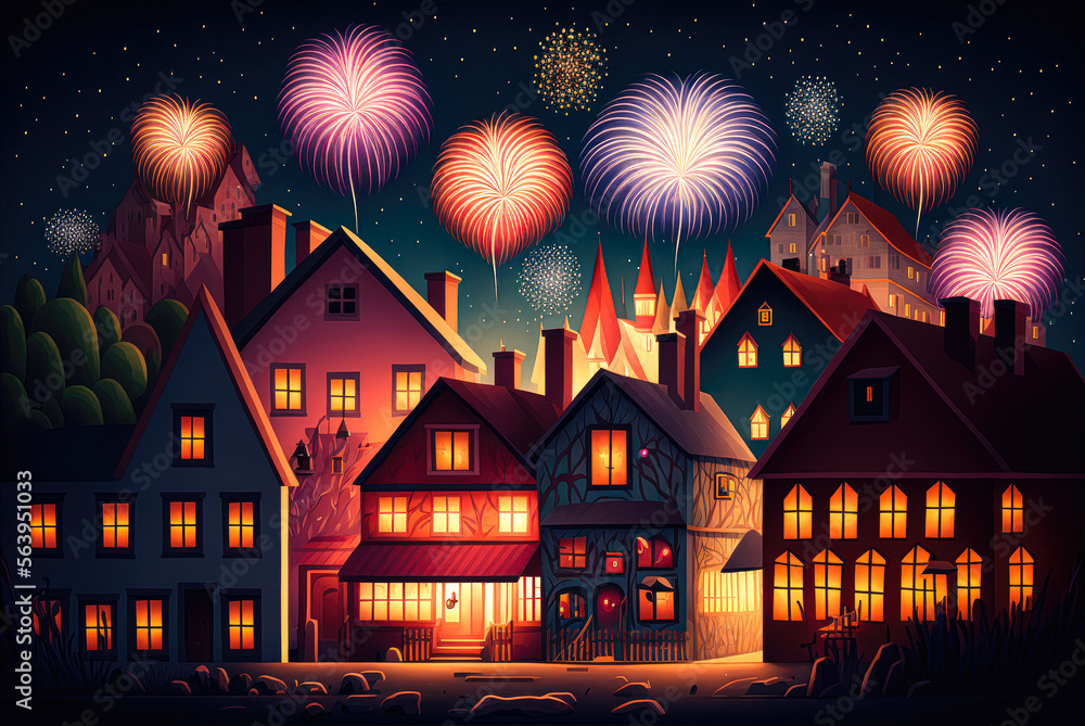 Obraz premium Fireworks over the city - illustration - Generative AI