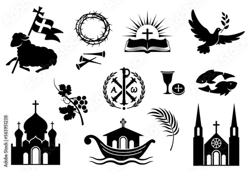Religious christian signs and symbols. Set of icons. Black silhouette