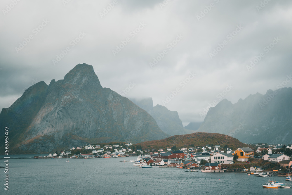 Beautiful landscape with mountains during a moody autumn day, on the Lofoten Islands