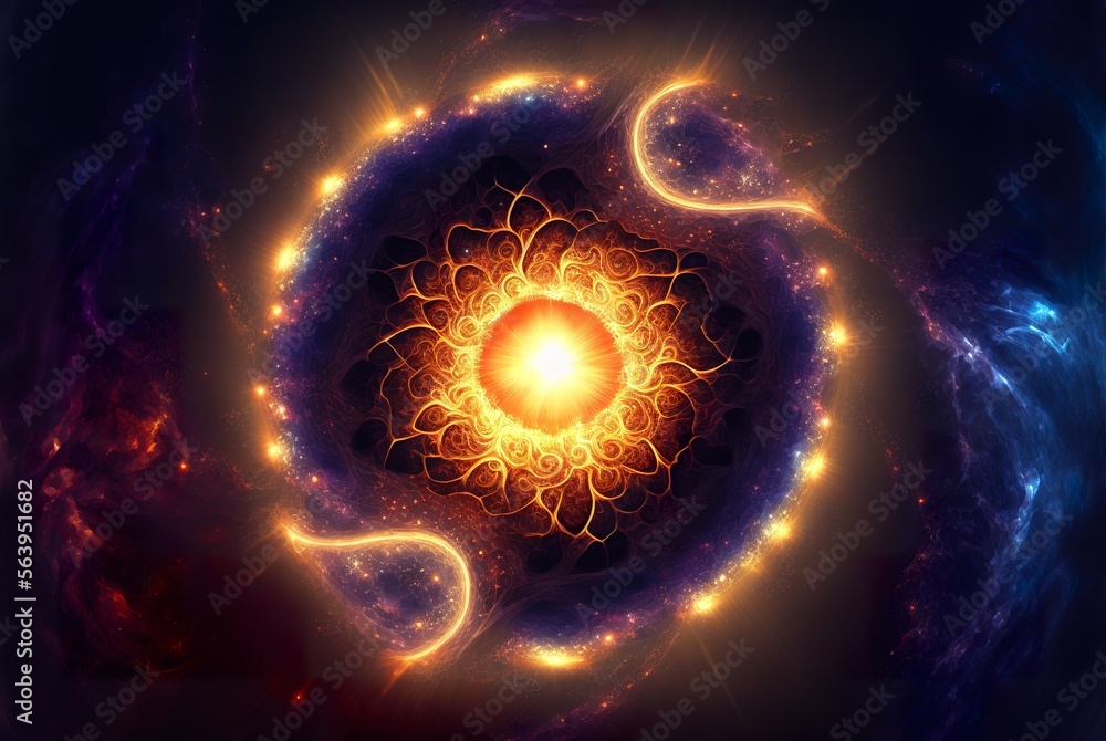 Fototapeta premium Die Blume des Lebens mit der Galaxie und Sonne verbunden - Energie Heilung im Universum - KI generiert