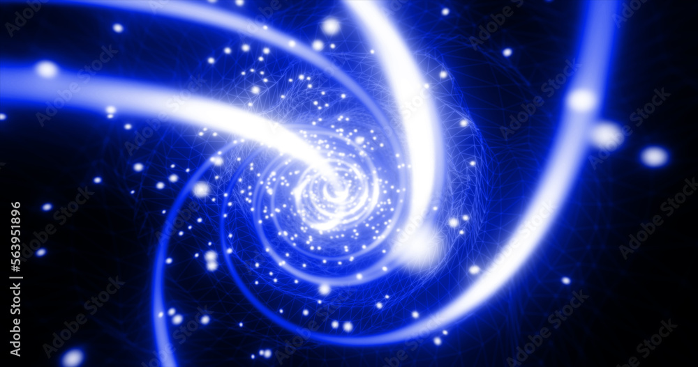 Obraz premium Abstract blue futuristic tunnel from a grid of particles lines glowing bright shiny neon digital magical energy on a dark background. Abstract background