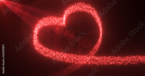 Abstract glowing festive heart love red from lines of magic energy from particles and dots on a dark background for Valentine's Day. Abstract background