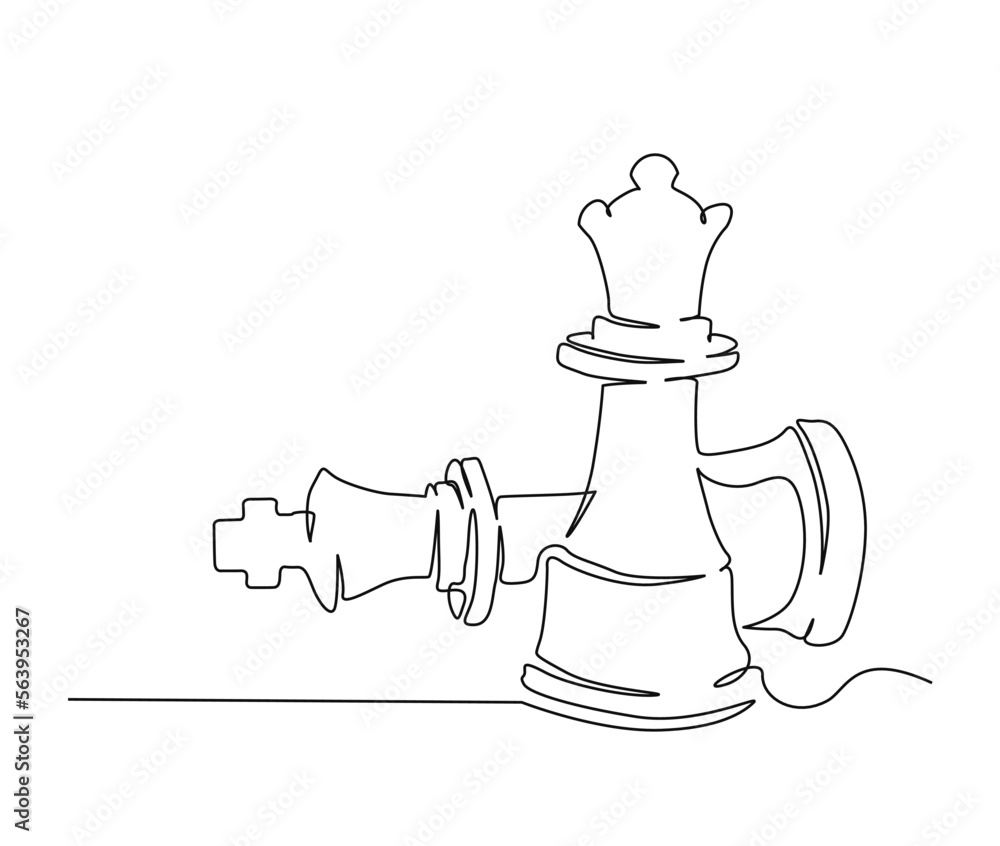 Continuous one line drawing of chess queen and king. queen hit the king chess line art vector illustration. Continuous one line drawing of chess queen and king. queen hit the king chess line art vector illustration.