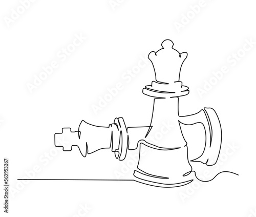 Continuous one line drawing of chess queen and king. queen hit the king chess line art vector illustration.