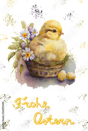Happy Easter greeting card. Watercolor illustrations of cute fluffy chicken, colored eggs, flowers, basket, plants and congratulations frame. Clip art for poster, invitation, card.