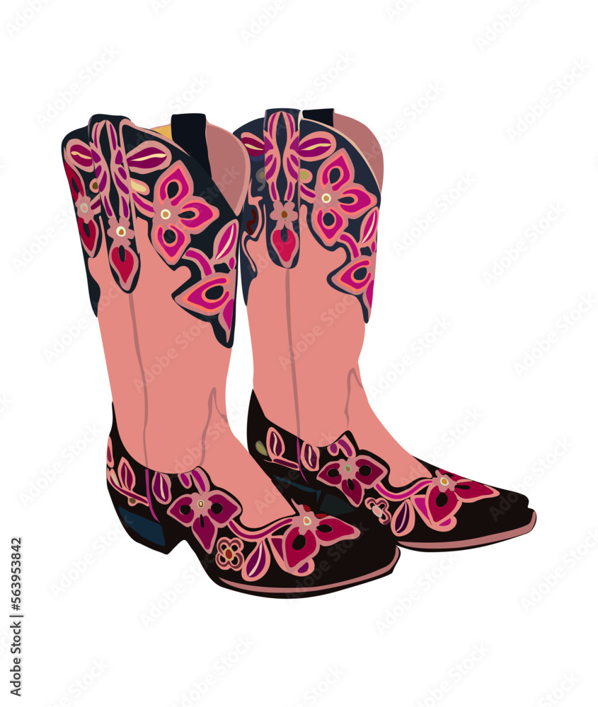A pair of western cowboy boots. Stylish decorative pink cowgirl boots  embroidered with traditional wild west decorations. Realistic hand drawn  vector illustrations isolated on white background Stock Vector | Adobe Stock