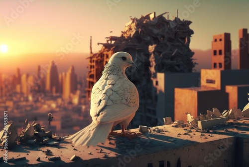 Friedenstaube vor zerstörter Stadt - weiße Taube schaut auf Zerstörung - Frieden schaffen - KI generiert photo