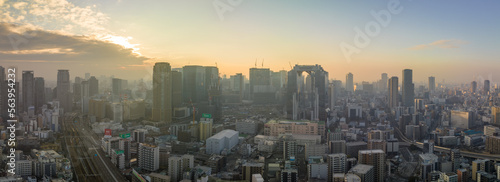 Osaka, Japan - January 7, 2023: Atmospheric haze over downtown Umeda at sunrise
