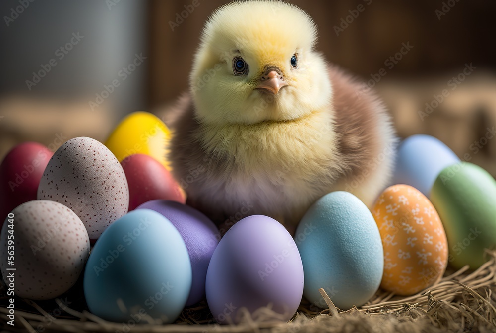Niedliches Küken zu Ostern mit Ostereiern im Osternest,  Bunte Eier im Nest - KI generiert  