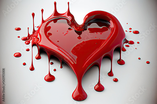 Isoliertes, freigestelltes weißes 3D Herz liegt flach auf dem Tisch, gehüllt in roter glänzender Farbe, Spritzer,  flüssig, Siegel Harz (generatives AI) photo