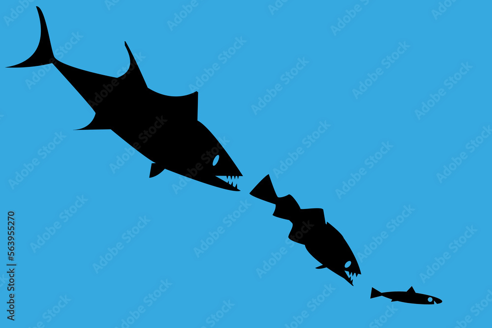 Big fish eat small fish black icon on white background. Feeding cycle. Financial and business concepts. Big fish eat small fish black icon on white background. Feeding cycle. Financial and business concepts.
