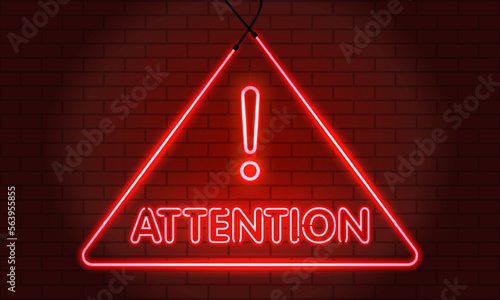 Neon word Attention Symbol Sign on Red brick wall background. Security protection, Malware, Hack Attack, Data Breach Concept. System hacked error, Attacker alert sign computer virus. Ransomware.Vector