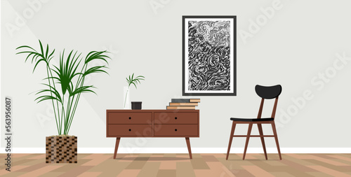 Stylish interior design of living room with wooden retro commode, chair, tropical plant. photo