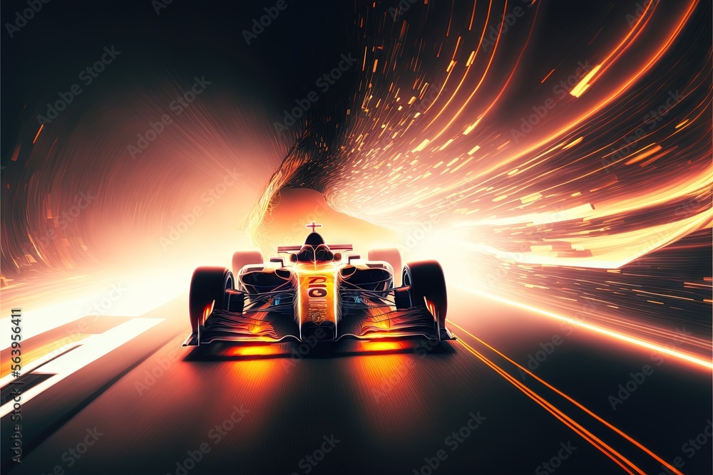 Racing car speeding through a tunnel of light. Abstrac wallpaper and background. Generative AI