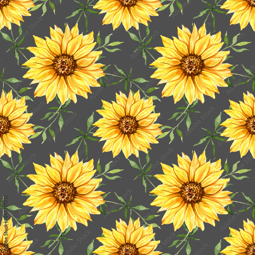 Watercolor Sunflower Background, Sunflower Seamless pattern with Hand Painted Watercolor Sunflowers and Greenery on dark background Watercolor Sunflower Background, Sunflower Seamless pattern with Hand Painted Watercolor Sunflowers and Greenery on dark background