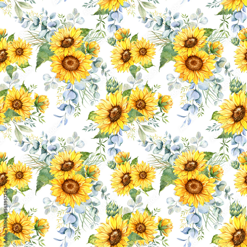 Watercolor Sunflower Background, Sunflower Seamless pattern with Hand Painted Watercolor Sunflowers and Greenery on white background Watercolor Sunflower Background, Sunflower Seamless pattern with Hand Painted Watercolor Sunflowers and Greenery on white background