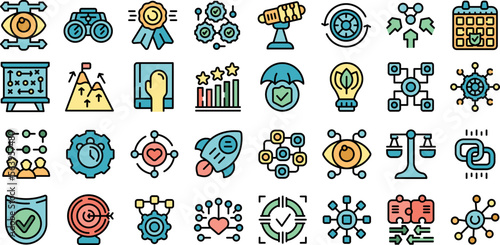 Integrity icons set outline vector. Passion honesty. Business trust color line flat isolated on white