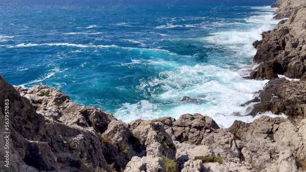 Cephalonia Greek island rocky shore slow motion Ionic sea waves landscape 4K footage. Beauty in nature and traveling concept. Cephalonia Greek island rocky shore slow motion Ionic sea waves landscape 4K footage. Beauty in nature and traveling concept.