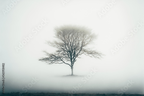 A minimalistic photograph of a tree standing in a misty landscape, with the fog