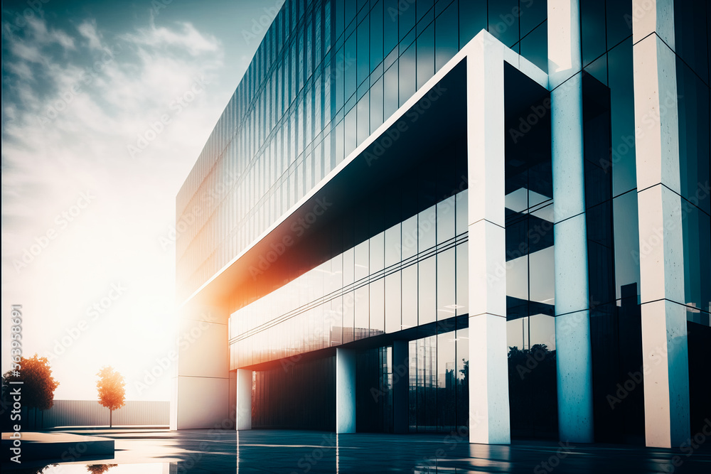 A stock photo of a sleek and modern office building, with a minimalist design