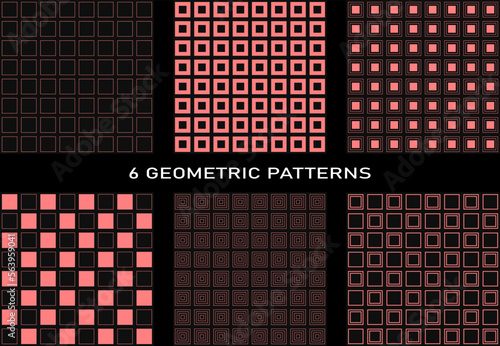 A set of 6 geometric seamless patterns made in the same style. Dark background, light red lines, geometric shapes and minimalism.