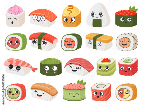 Cartoon japanese food funny mascots. Cute asian dishes, sushi and onigiri with face emotion expression flat vector illustration set. Asian cuisine cute characters