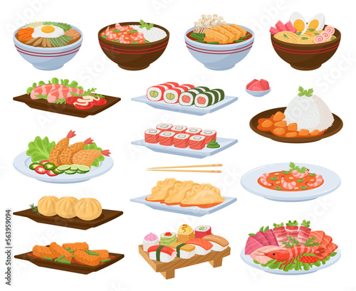 Cartoon asian food dishes. Japanese seafood, traditional asian cuisine, ramen soup, salmon, rice and tempura on plates flat vector illustration set. Tasty oriental seafood dish collection