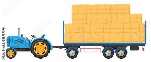Cartoon agricultural haycock. Tractor with trailer full of hay, rural dried haystack in trailer, fodder straw flat symbols illustration on white background