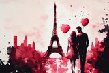 Couple d'amoureux à Paris pour une lune de miel ou la Saint Valentin - style peinture - illustration ia
