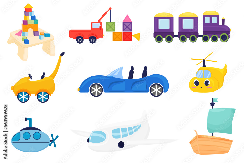 Fototapeta premium Illustration of kids toys, play with cubes, cars, airplane, helicopter, submarine, ship, clipart illustrations for kids. Cute clipart for baby shower or print for invitations, greeting cards, posters,