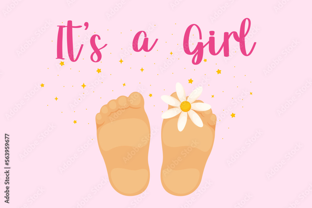 Postcard for newborns with text It's a girl. Baby little feet with a flower. Cute baby shower clipart or print for invitations, greeting cards, posters, etc