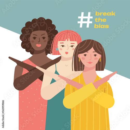 Break the bias IWD campaign. Diverse ethnicity women stand with crossed arms to stop gender discrimination and fight stereotypes. People equality movement of 2023 Women's Day. Flat vector illustration