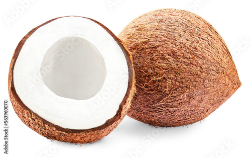 Coconuts isolated on white background.  Fresh half and a whole  coconuts close up. Tropical fruit macro.