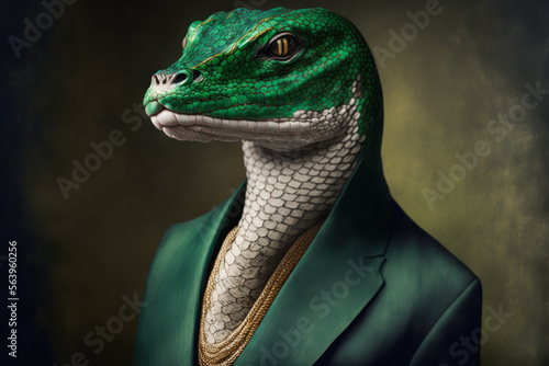 Portrait of a Emerald Boa dressed in an elegant business suit, generative ai