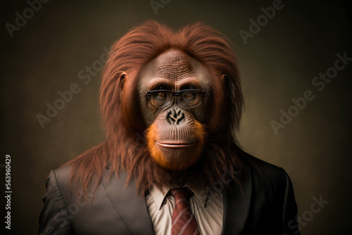 Portrait of a Orangutan dressed in an elegant business suit, generative ai