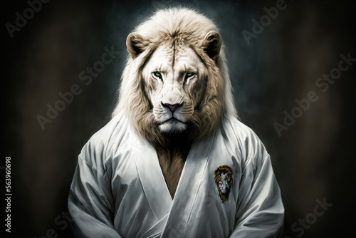 Portrait of a Lion dressed in an Jiu Jitsu Kimono, generative ai photo