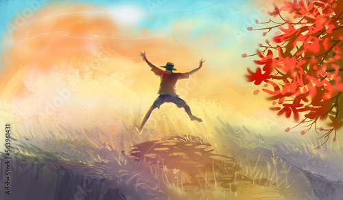 Man in hat jumping happily in outdoor courtyard. digital painting