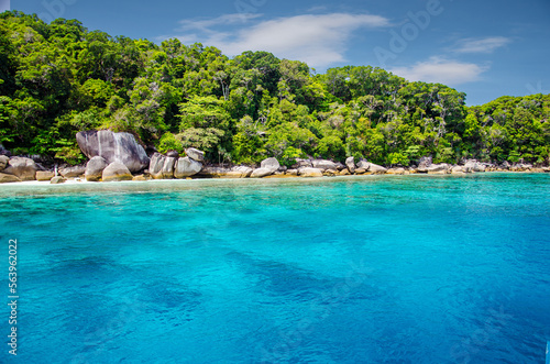 Paradise landscapes of emerald and turquoise water and impressive rocks of the Similan Islands in Thailand