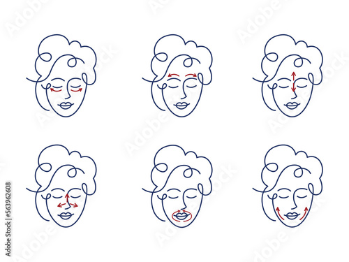 Technique of Facial Massage Silhouette Icon. Anti Aging Self Face Massage with Arrow Pictogram. Girl Beauty Treatment, Skin Care Procedure Black Icon. Isolated Vector Illustration.