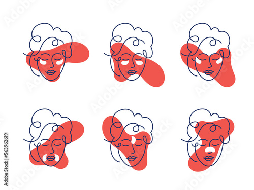 Girl with Different Method for Use Gel Patch Line Icon. Patches Under Eye, Between Brows, for Mouth and Nose Pictogram. Face Anti Aging Procedure Icon. Editable Stroke. Isolated Vector Illustration.