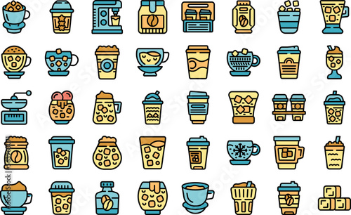 Cold coffee icons set outline vector. Milk americano. Cafe cup color line flat isolated on white