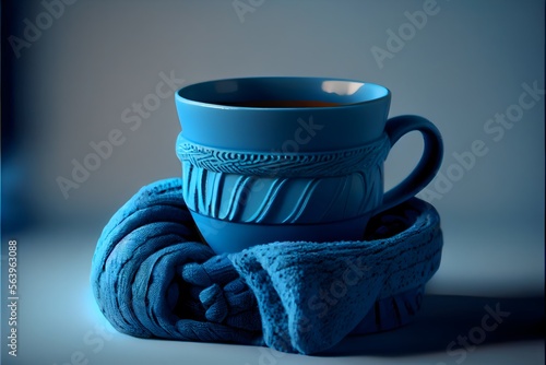 Blue monday Blue cup with scarfcoffee on blue background generative ai photo