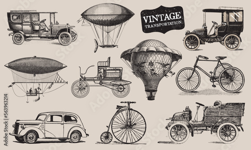 Vintage Transportation. Passenger Aircraft. Retro Car and Bicycle. Balloon, Dirigible or Zeppelin, Airplane. Line Drawing. Engraving Old Airship. Travel Journey Concept. 