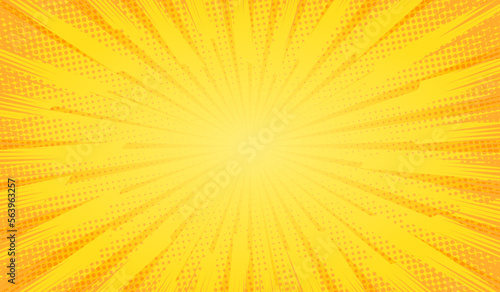 Yellow comics background. Abstract lines backdrop. Bright sunrays. Design frames for title book. Texture explosive polka. Beam action. Pattern motion flash. Rectangle fast boom. Vector illustration