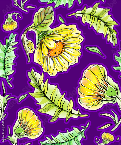 Watercolor and contour flowers on a white and color background. Chrysanthemum, sunflower, belladonna, calendula, zinnia. Postcard, pattern for T-shirts and fashion accessories, coloring pages.