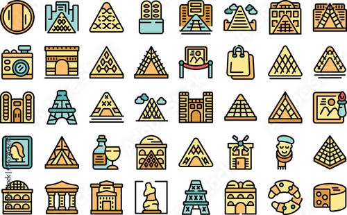 Louvre icons set outline vector. Painting picture. Adult museum color line flat isolated on white