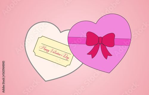 Pink Heart gift box Top View  bows and Red ribbons  Hand drawn calligraphy lettering Happy Valentine's Day