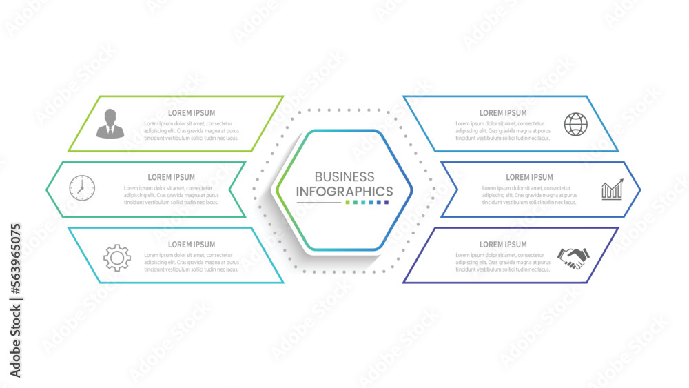 Modern infographic template. Creative circle element design with marketing icons. Business concept with 6 options, steps, sections.
