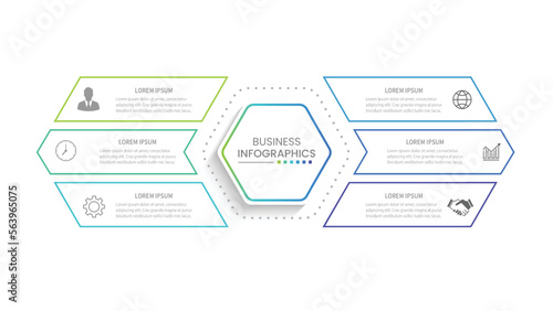 Modern infographic template. Creative circle element design with marketing icons. Business concept with 6 options, steps, sections.
